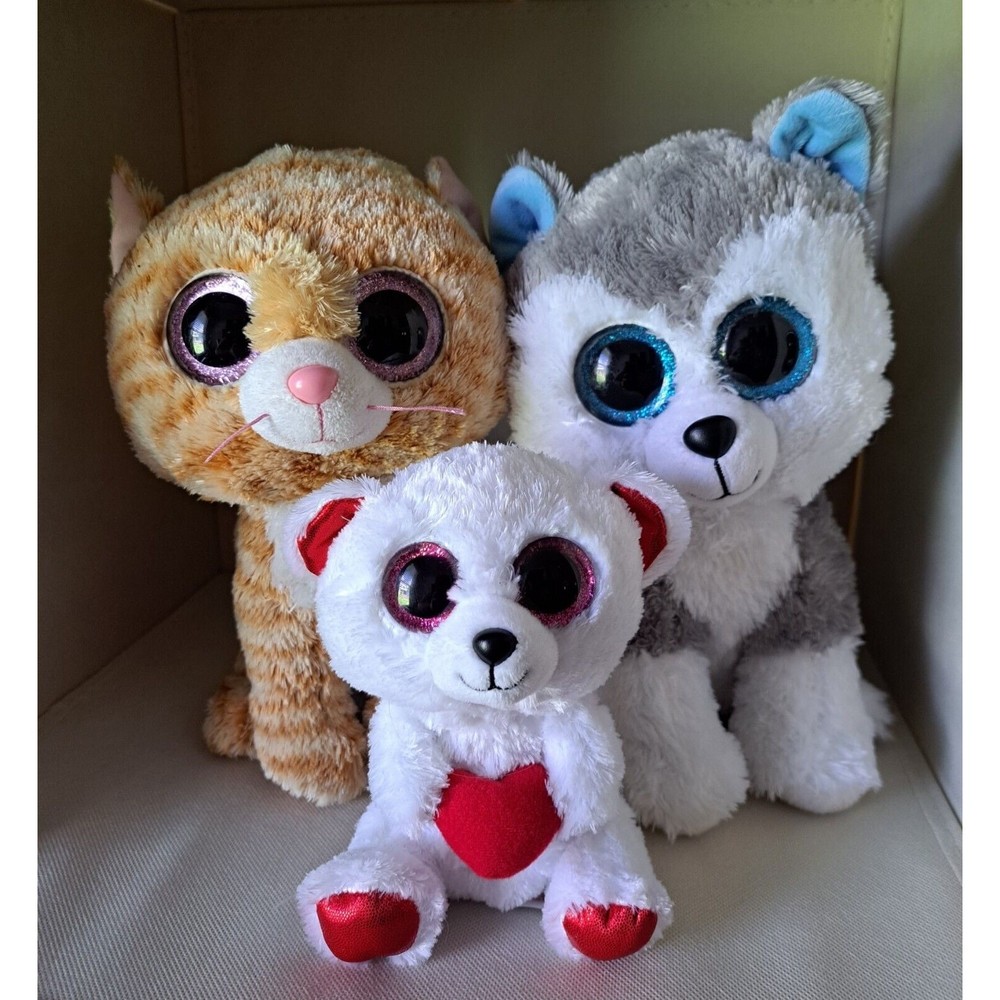 Set of Three TY Beanie Boos Slush Husky 10" Tabitha Cat 9" Cuddly Bear 6"